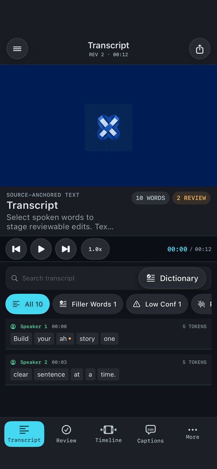 CueWeave transcript editor showing word-level video editing