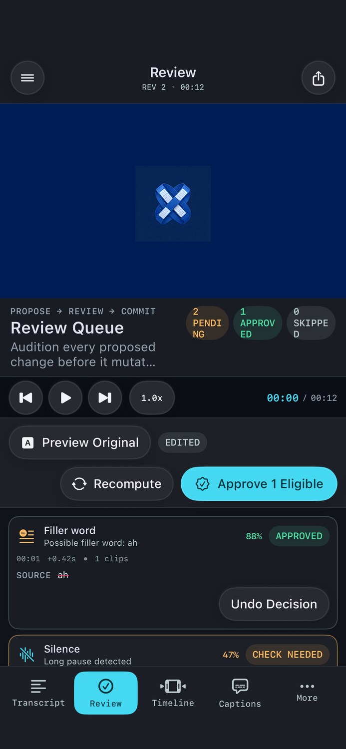 CueWeave review queue showing proposed cuts before approval